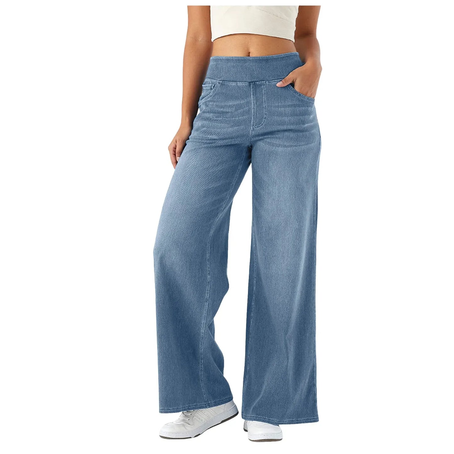 Fashion Baggy Jeans For Women Bleached Vintage High Waist Wide Leg Denim Pants With Pockets Boyfriend Stretchy Palazzo Pants