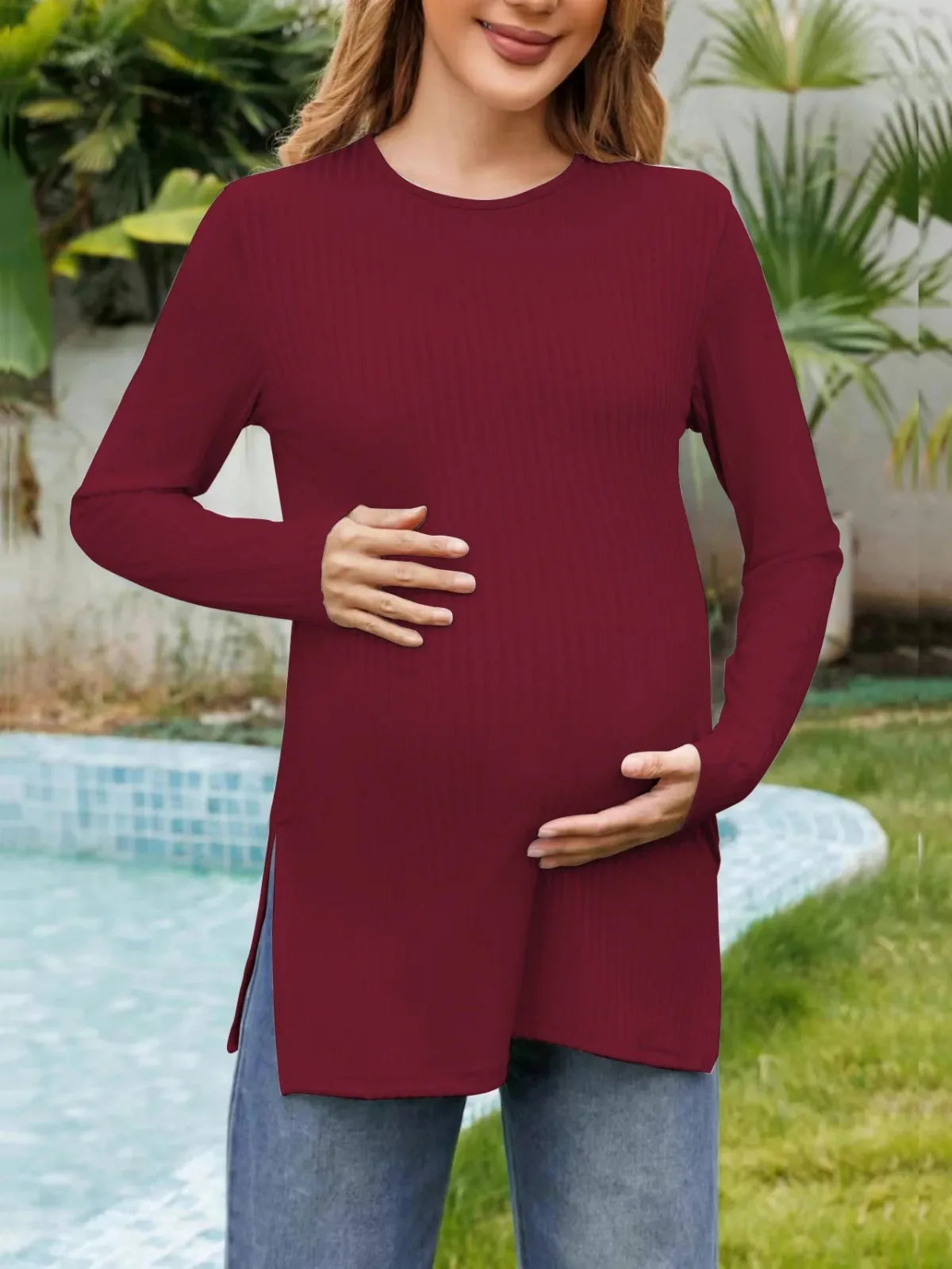 Spring New Maternity Clothes Round Neck Solid Color Slit Long Sleeve Base T-shirt Tops For Pregnant Women Maternity Wear