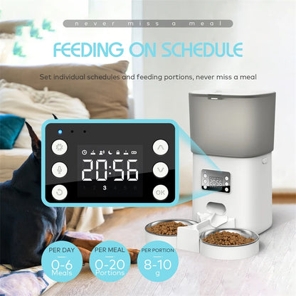 Tuya Automatic Pet Feeder 6L Capacity Food Quantitative Dispense Double Stainless Steel Bowl Record Time Feed Remote APP Control