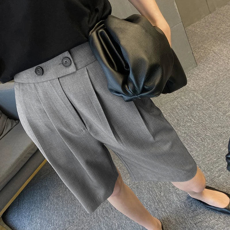 Korean Office Suits Shorts for Women Fashion Double-buttons High Waist Knee-length Pants Woman 2023 Summer Casual Short