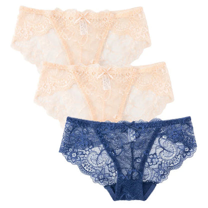 3PCS Hollow Out See Through Underpants Comfortable Briefs Sexy Ladies Lace Transparent Panties Low-Rise Lingerie