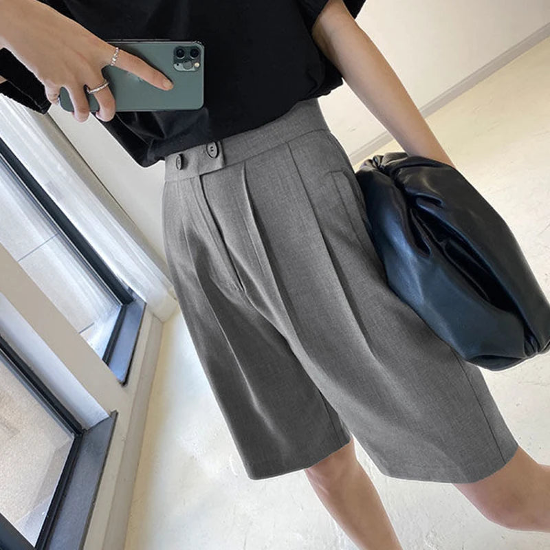 Korean Office Suits Shorts for Women Fashion Double-buttons High Waist Knee-length Pants Woman 2023 Summer Casual Short