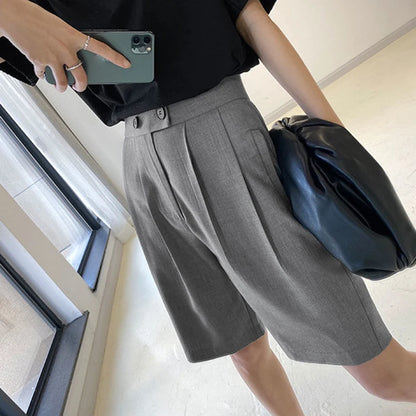 Korean Office Suits Shorts for Women Fashion Double-buttons High Waist Knee-length Pants Woman 2023 Summer Casual Short