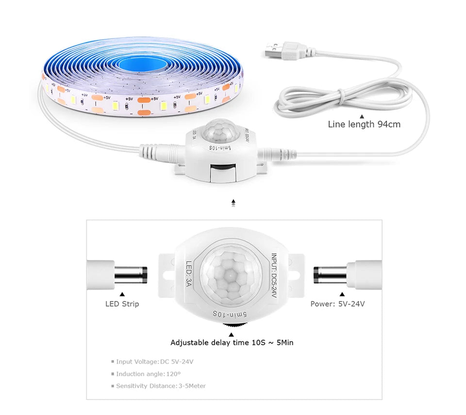 Smart USB 5V SMD 2385 LED Strip Light With Sensitive PIR Motion Sensor Switch Delay Time Adjustable Only Work At Night/Dark