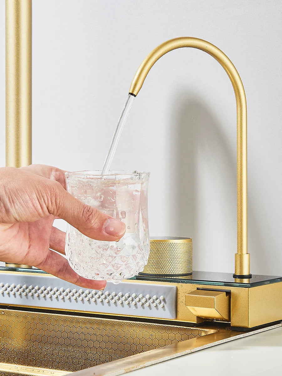 304 Stainless Steel Waterfall Kitchen Sink Large Single Slot Integrated Digital Display Faucet Set Soap Dispenser Cup Washer