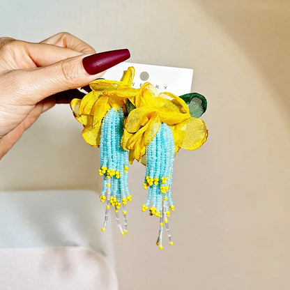 Bohemian Fabric Long Flower Earrings Big Statement Earrings Fringe Beads Drop Earrings Women Jewelry Handmade Vintage Earrings