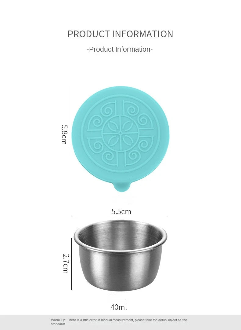 6 Pcs Set Leakproof Stainless Steel Dipping Sauce Cups Food Containers Reusable Salad Dressing Container Silicone Stretch Lids