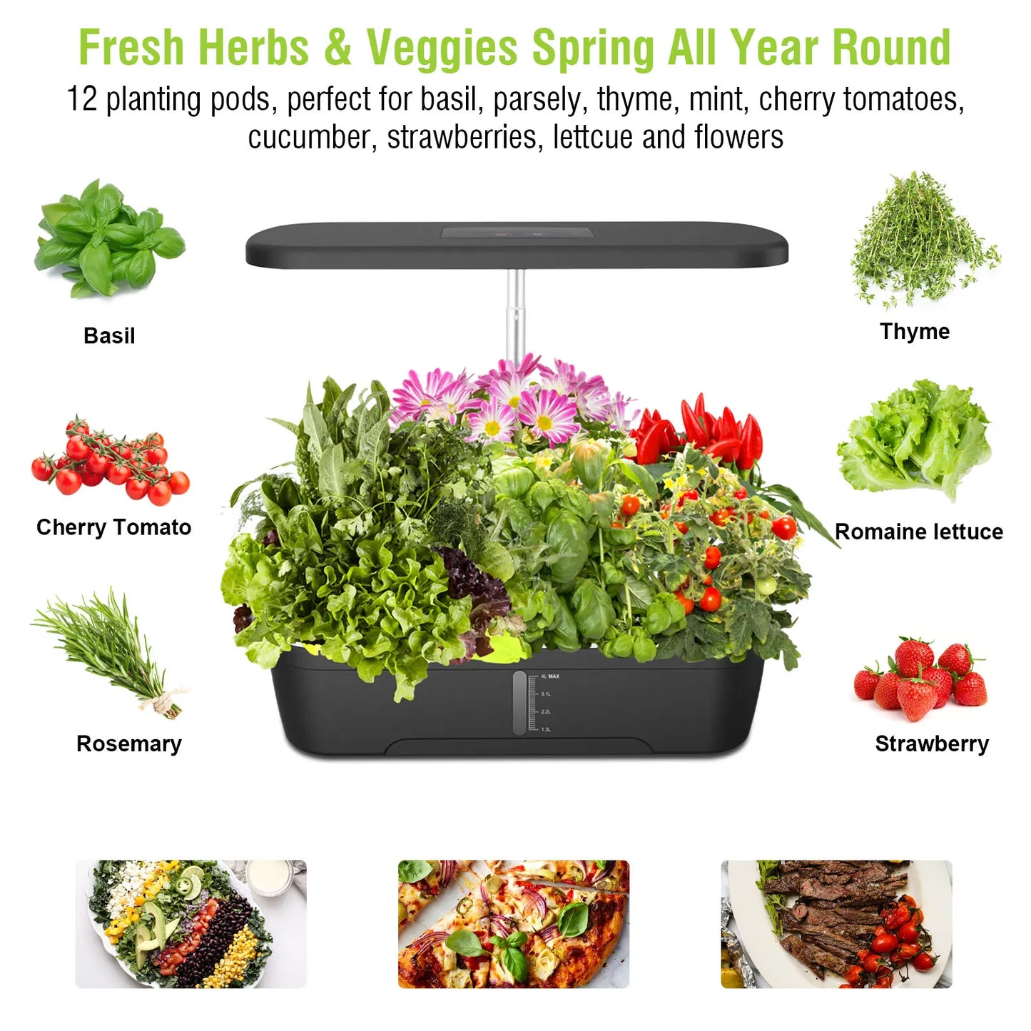 Smart Indoor Hydroponic Garden With 12 Pods, 24W LED Grow Light, Automatic Watering System For Herbs Vegetables Flower Growing