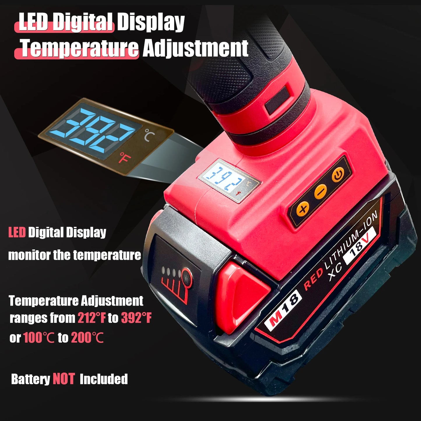Upgraded 100W Cordless Glue Gun for Milwaukee 18V Battery,  Digital Temperature Adjustable Full Size Heavy Duty with 10 Sticks