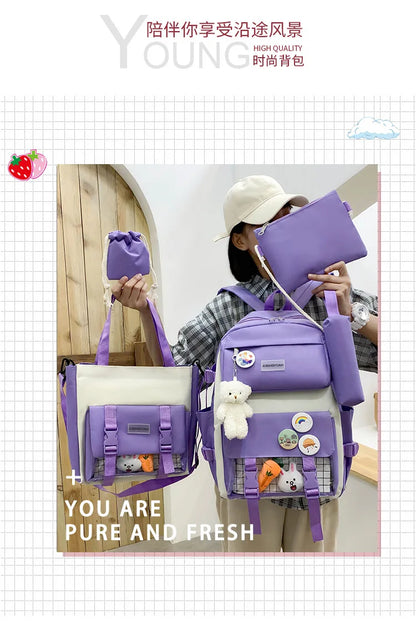 New Large-Capacity Primary School Junior High School Students Shoulders Backpack High School Five Sets of Multi-Compartment Fash