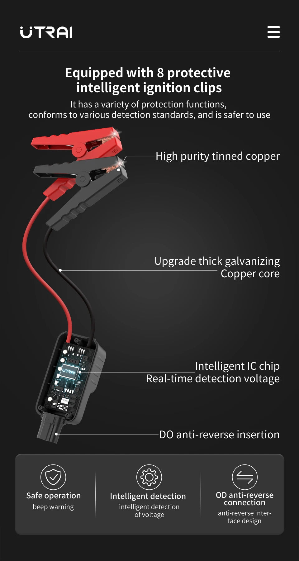 UTRAI Smart Booster Cables Auto Emergency Car Battery Clamp Accessories Wire Clip Red-black Clips for Jstar one Jump Starter