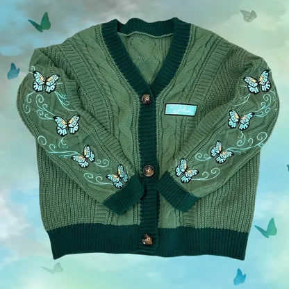 Butterfly Knitted Cardigan Women Dark Green Cardigans with Embroidery Winter Letter Patch Oversized Sweaters Tops Folklore Girl