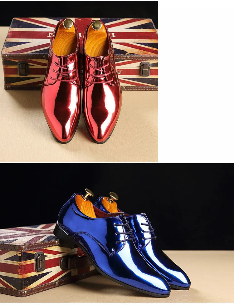 Fashion Trend Patent Leather Men Wedding Shoes Gold Blue Red White Oxfords Shoes Designer Pointed Toe Dress Shoes Big Size 37-48