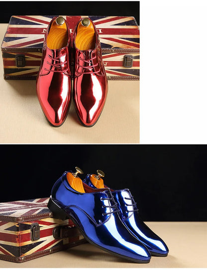 Fashion Trend Patent Leather Men Wedding Shoes Gold Blue Red White Oxfords Shoes Designer Pointed Toe Dress Shoes Big Size 37-48