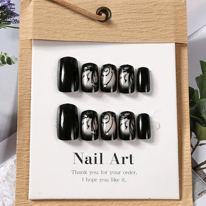 24pcs Glossy Black Flower Press on Nails with Rhinestones Wearable Short Square False Nails Finished Reusable Press on Nails