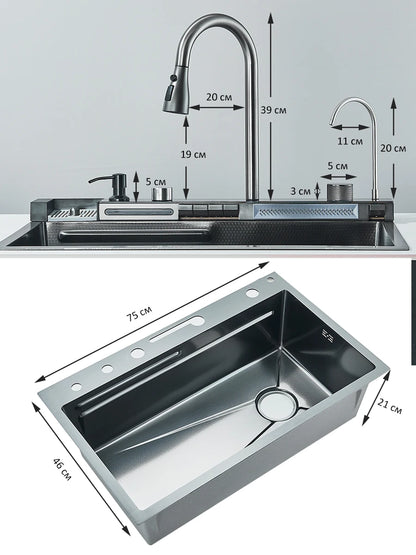304 Stainless Steel Waterfall Kitchen Sink Large Single Slot Integrated Digital Display Faucet Set Soap Dispenser Cup Washer