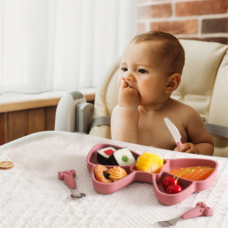 5Pc-Set Baby Cute Silicone Dining Plate Spoon Set for Baby Feeding Bow Bibs Straws Pad Fork Spoon Maternal Infant Supplies Gifts