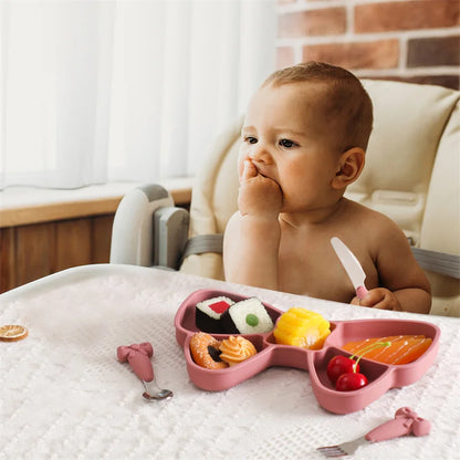 5Pc-Set Baby Cute Silicone Dining Plate Spoon Set for Baby Feeding Bow Bibs Straws Pad Fork Spoon Maternal Infant Supplies Gifts
