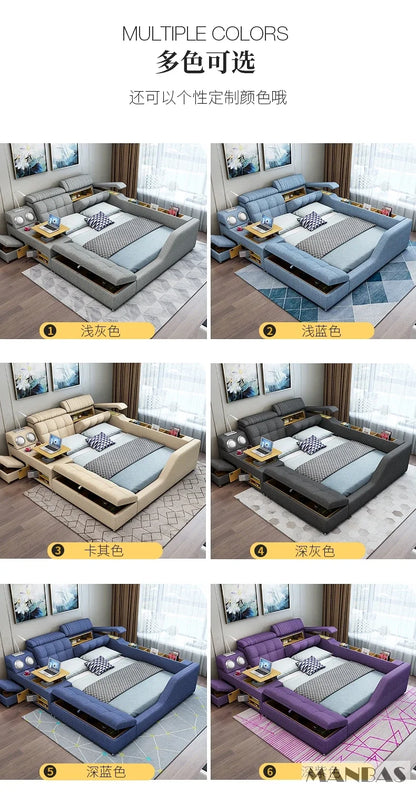 Modern Multi-Functional Tech Smart Bed with Storage, Speakers, USB, Bookshelves, and Tatami – Luxury King/Queen Ultimate Bed