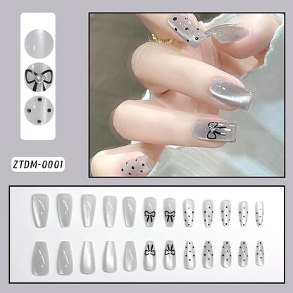 24Pcs Gold Ripple Brown Flowers False Nails with Rhinestones Pearl Design Wearable Almond False Nails Full Cover Press on Nails