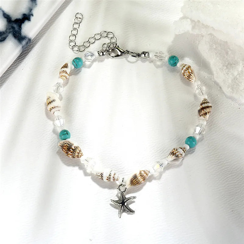 Modyle New Beads Anklets for Women Silver Color Starfish Beach Leg Bracelet Handmade Bohemian Foot Chain Boho Jewelry Gift