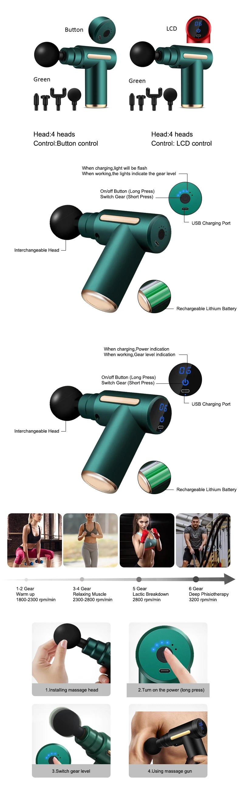 Massage Gun Portable Percussion Pistol Massager For Body Neck Deep Tissue Muscle Relaxation Gout Pain Relief Fitness