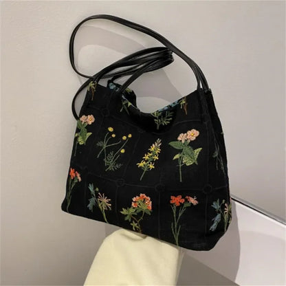 Street Trend Embroidered Totes Bags for Women Large Capacity Canvas Handbag Shoulder Bag Female Commuting Bucket Bag
