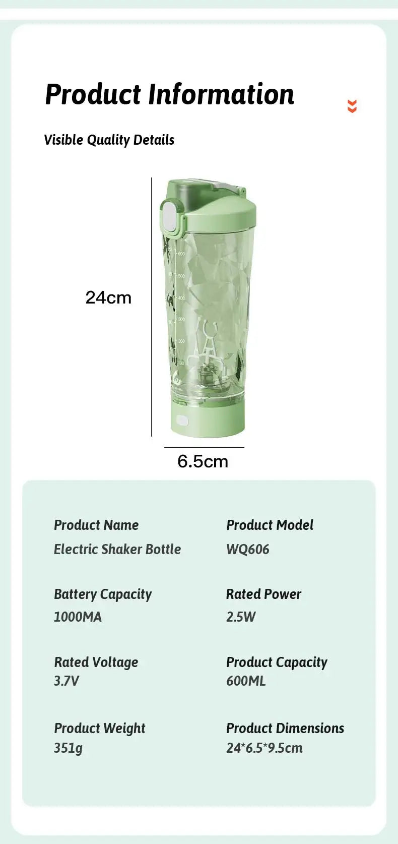 Portable Mixing Cup 600ml Protein Shaker Bottle Fully Automatic Blender Kettle USB Rechargeable Multipurpose for Gym Outdoor