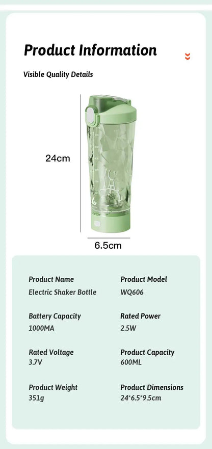 Portable Mixing Cup 600ml Protein Shaker Bottle Fully Automatic Blender Kettle USB Rechargeable Multipurpose for Gym Outdoor