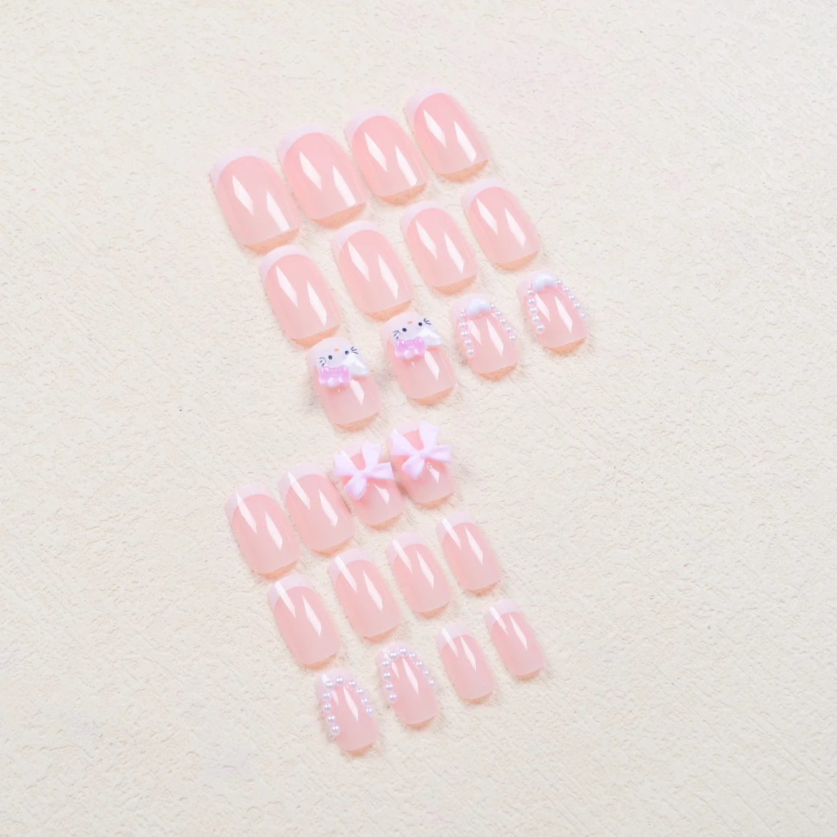 24 Medium Square Nail Pink French Cute Cartoon Cat White Love Camellia Nail Patch Jelly Powder Bow Wear Nail Set