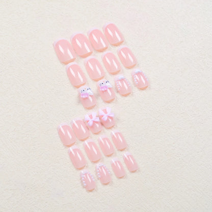 24 Medium Square Nail Pink French Cute Cartoon Cat White Love Camellia Nail Patch Jelly Powder Bow Wear Nail Set