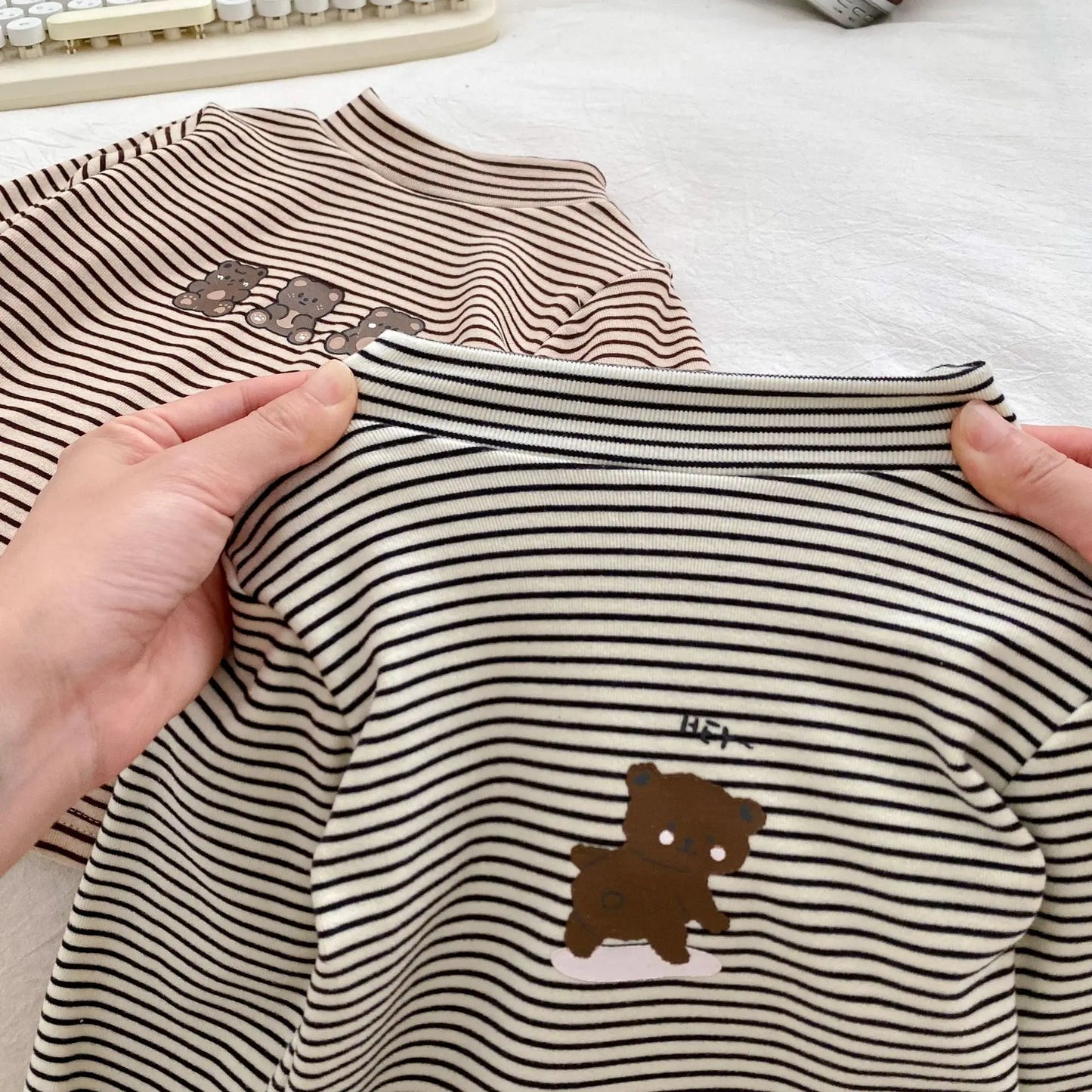 2025 Autumn Kids Baby Boys Shirts Striped Long Sleeve Cotton Bear Infant Boys Tops Stretch Versatile Toddler Boys Shirts