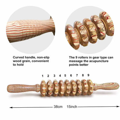 9 Rollers Wooden Massager Handheld Roller Stick Trigger Point Manual Massage Tools for Anti-cellulite, Body Muscle Pain Relief