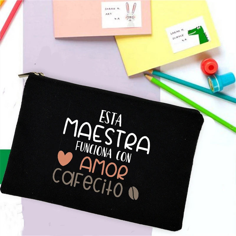 School Stationery Supplies Storage Bags  Rainbow Teacher Spanish Printed Teacher Pencil Cases Travel Wash Pouch Gifts Makeup Bag