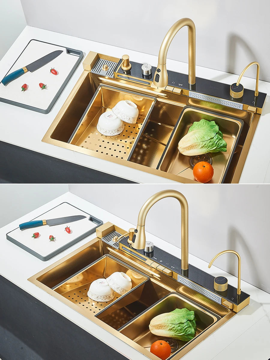 304 Stainless Steel Waterfall Kitchen Sink Large Single Slot Integrated Digital Display Faucet Set Soap Dispenser Cup Washer