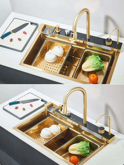 304 Stainless Steel Waterfall Kitchen Sink Large Single Slot Integrated Digital Display Faucet Set Soap Dispenser Cup Washer