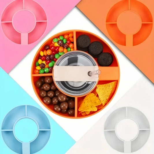 Bingba Cup Silicone Snack Platter 40oz Plastic Fast Food Plate with 4 Compartments for Outdoor Picnic Snack Holder Combination