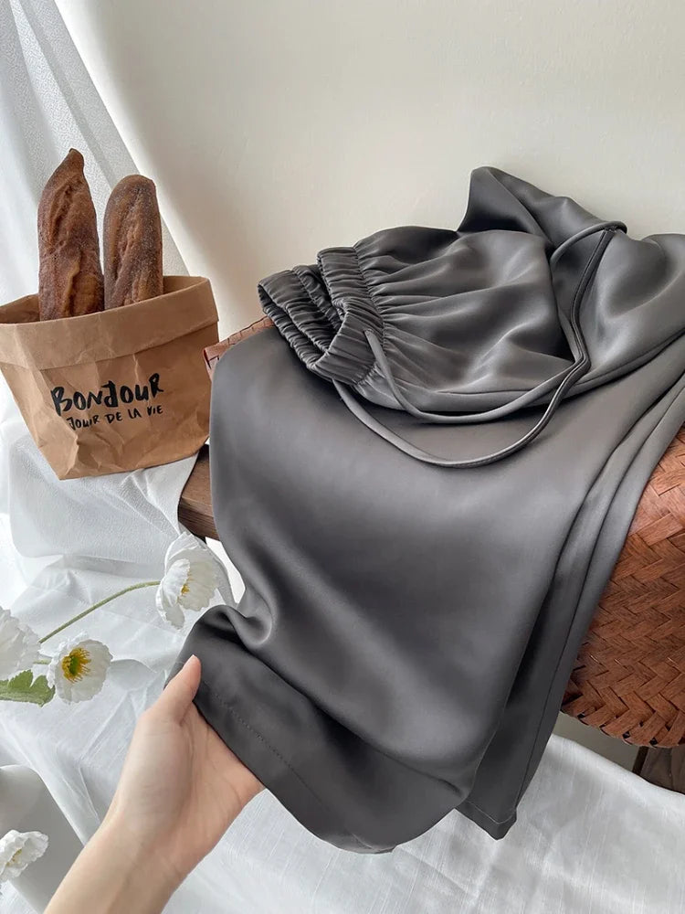 Women’s Satin Wide Leg Pants High Waist Drawstring Palazzo Pants for Work, Lounge, or Casual Wear