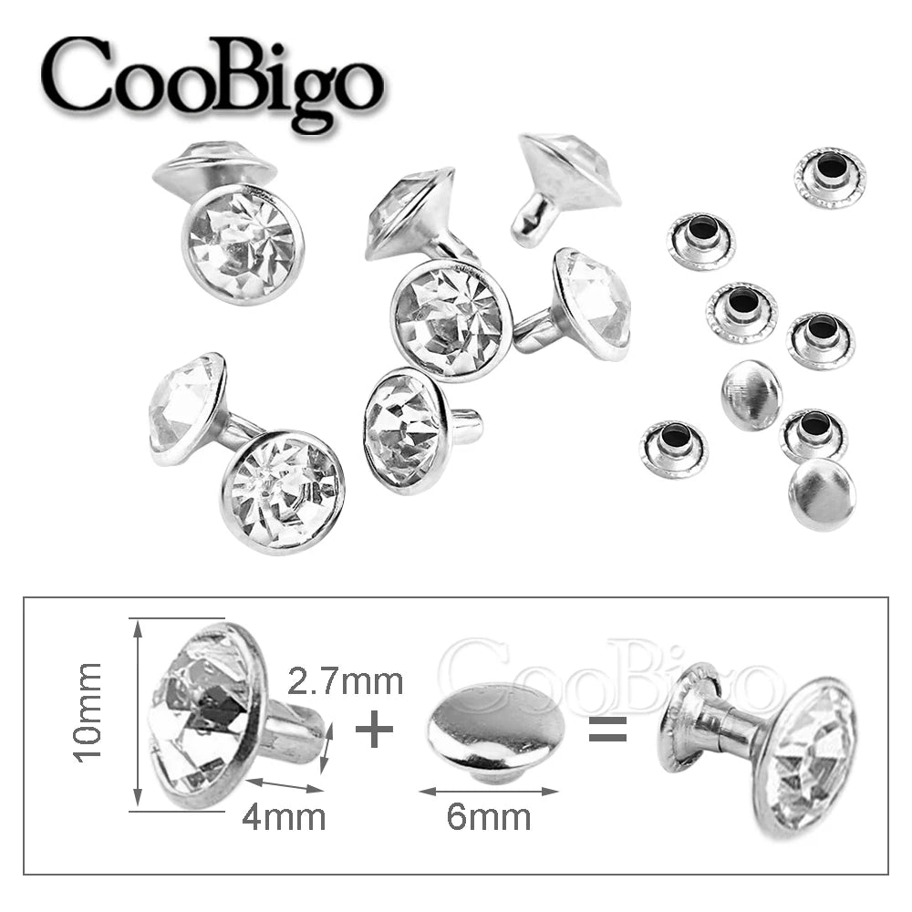 100sets Glass Crystal Double Cap Rivet Stud Rhinestone Nail Spike DIY Leathercraft Fashion Apparel Shoes Bags Decor Accessories