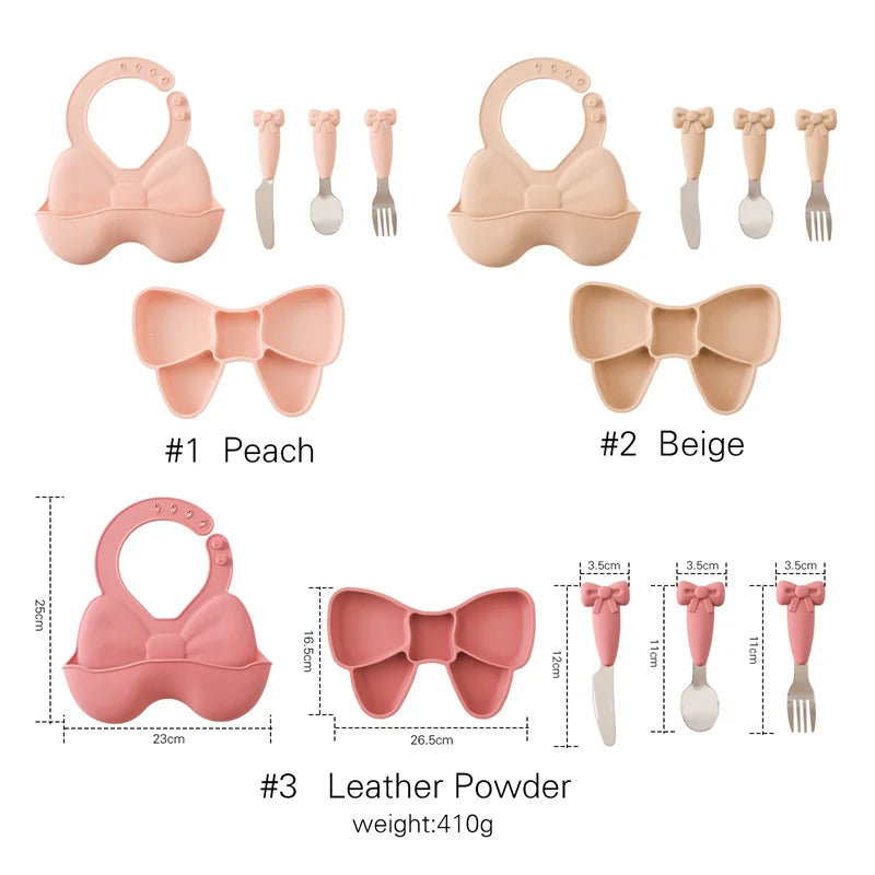 5Pc-Set Baby Cute Silicone Dining Plate Spoon Set for Baby Feeding Bow Bibs Straws Pad Fork Spoon Maternal Infant Supplies Gifts