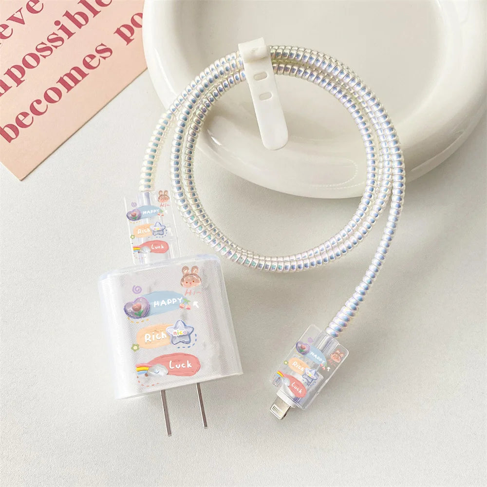 Cute Smile Case For Apple iphone 18W 20W US Charging Head Protective Sleeve Fast Charging Shell Soft Wire Cable Cord Organizers
