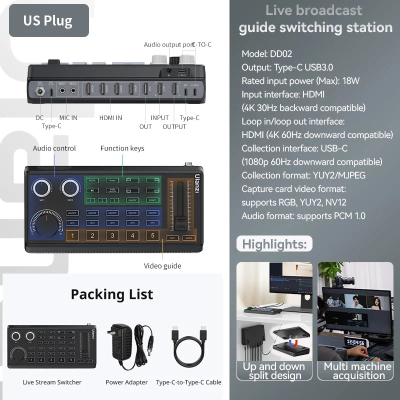 Ulanzi DD02 For Live Streaming Tool Video Mixer Video Switcher 4 CH HDMI Streaming 4K HD Screen For YUY2 MJPEG Capture Format