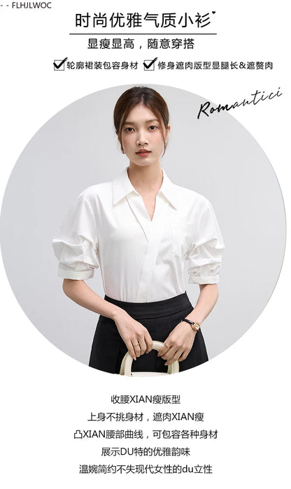 Office Lady Basics Fashion White Shirts New Women Summer Work Solid V Neck Tops Blouses French Design Interview Shirt Cotton