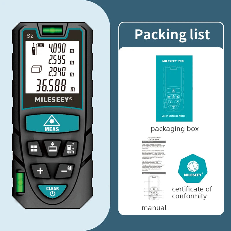 MILESEEY Laser Tape measure S2 40M 60M 80M 100M 120M Laser Rangefinder,Laser Measuring Tool with Multi Measurement Function