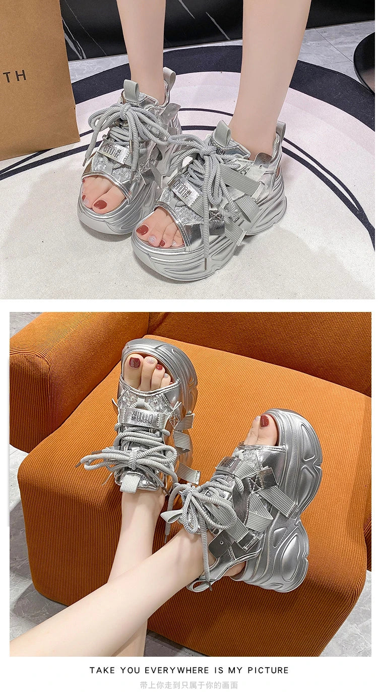 8.5cm Summer Women Leather Chunky Sandals High Platform Trainers Breathable Casual Slippers Shoes New Woman Heels Wedge Sneakers