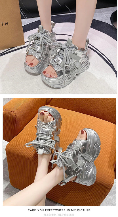 8.5cm Summer Women Leather Chunky Sandals High Platform Trainers Breathable Casual Slippers Shoes New Woman Heels Wedge Sneakers