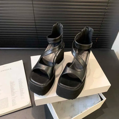 Black Gladiator Sandals Woman Platform High Heels Summer Back Zipper Shoes Punk Chunky Sandals Female Samdalias De Plataforma
