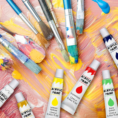 Acrylic Paints Set - 12/24 Colors 12ml Art Painting Kit Supplies for Wood, Canvas, Fabric, Rock, Glass - Non-Toxic Acrylic Paint