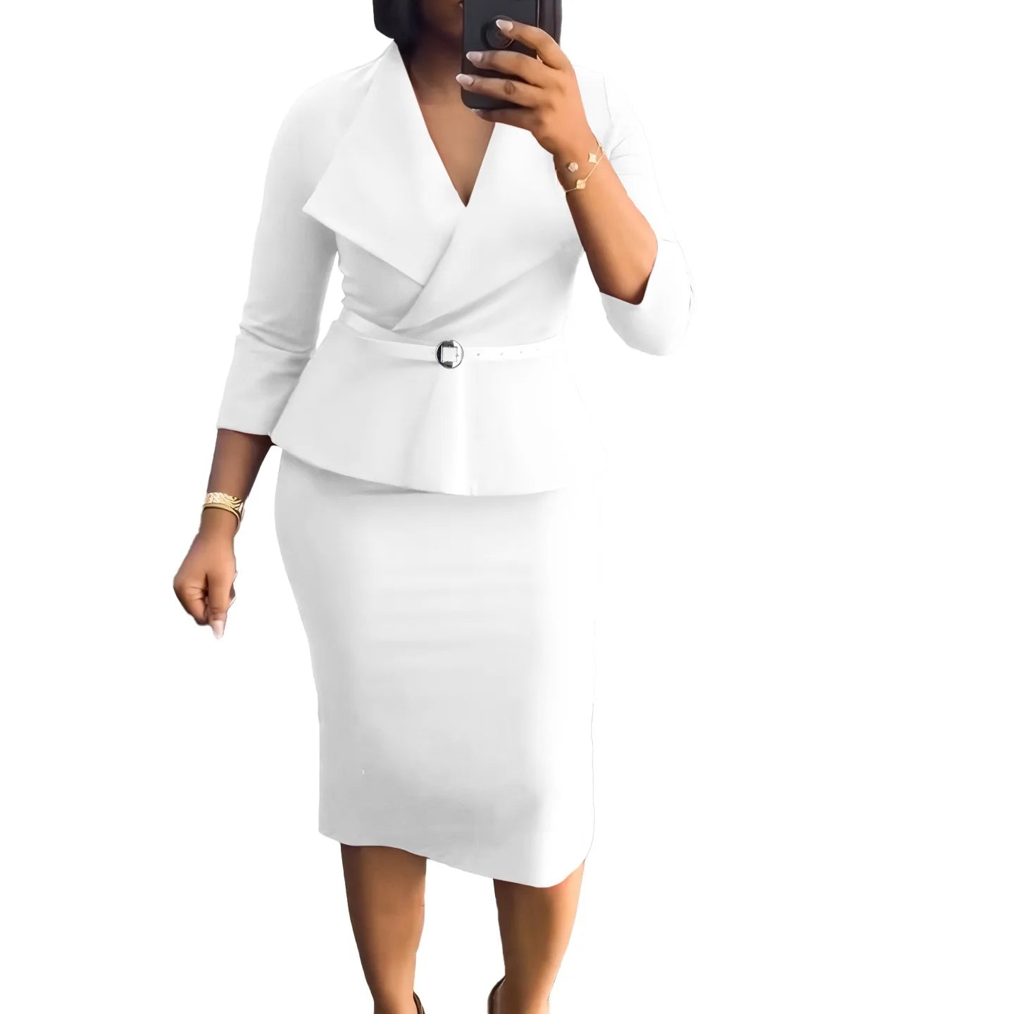 Elegant Office Dresses for Woman V Neck Full Sleeve Belt Waisted Sheath Package Hips Mid Calf Formal Business Work Wear Gowns OL