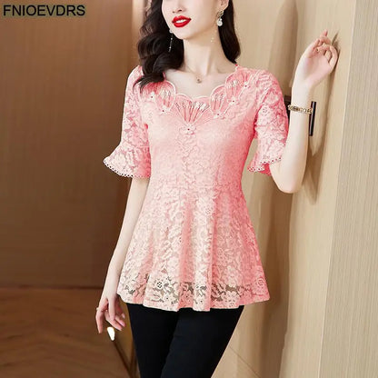 Office Shirts Basic Wear New Design 2025 Women Elegant Fashion Work Lady Bling Beaded Flare Sleeve Lace Tops Blouses
